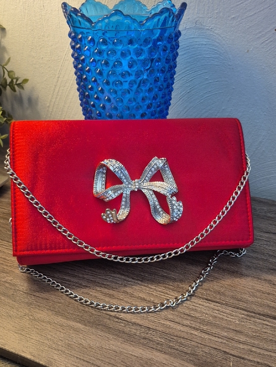 Source Unknown Handbags - Red Satin Evening Clutch with Crystal Rhinestone Bow Accent